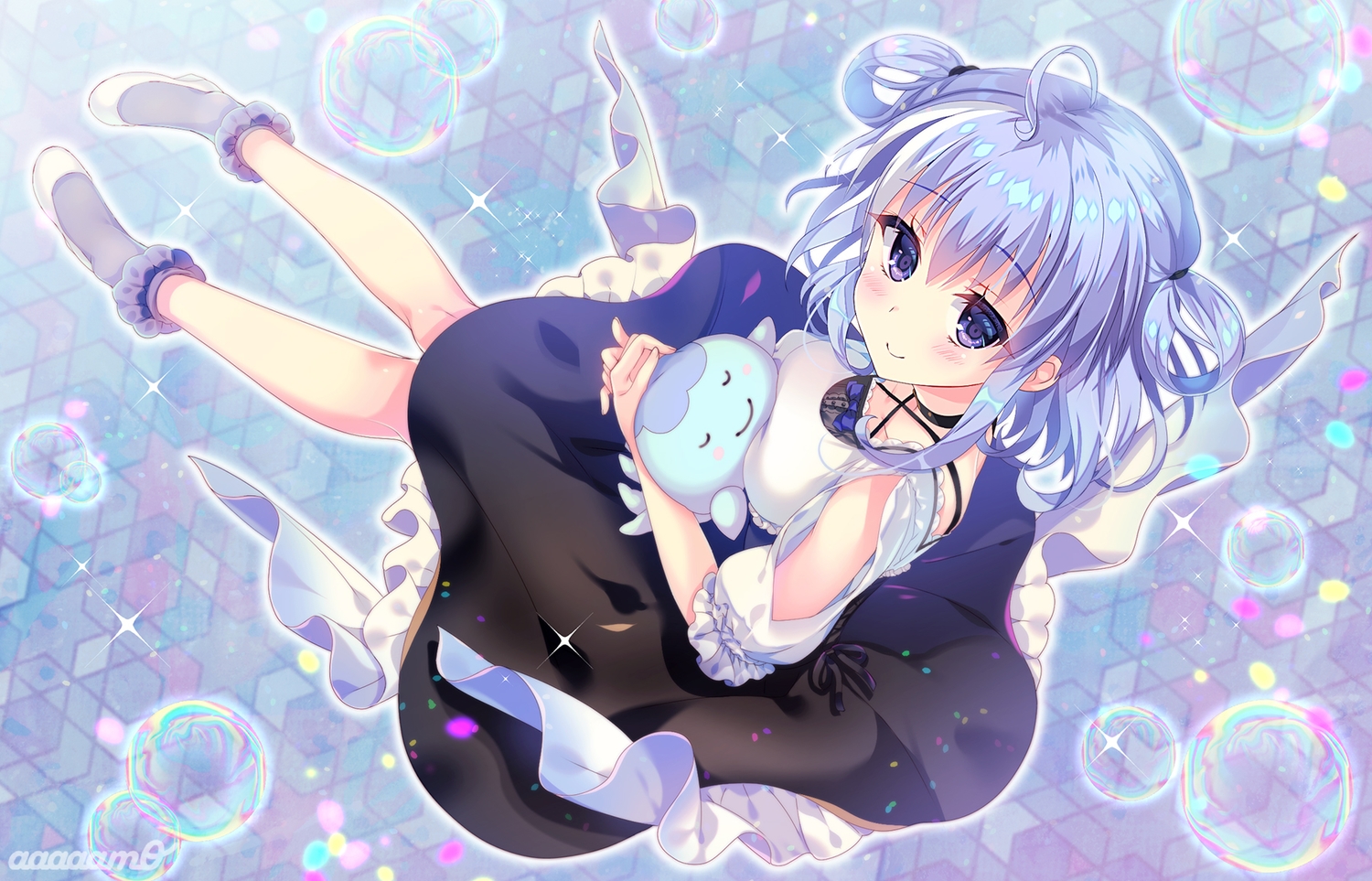 amo, blue_hair, blush, bubbles, dress, hug, kurage_channel, miduki_yuki, purple_eyes, short_hair, watermark