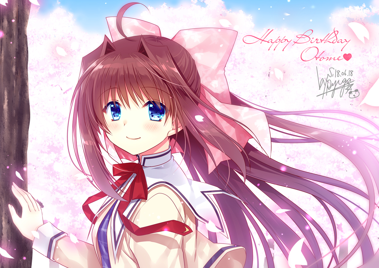 asakura_otome, blue_eyes, blush, brown_hair, cherry_blossoms, da_capo, da_capo_ii, flowers