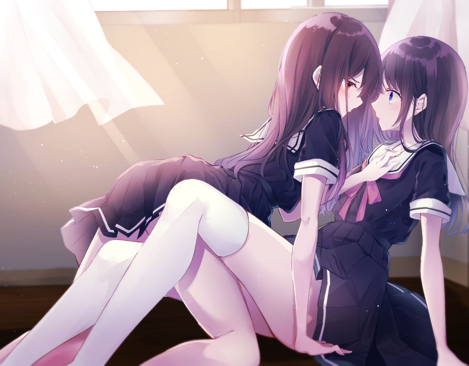 2girls, black_hair, blue_eyes, brown_eyes, brown_hair, kisaragi_yuri, long_hair, original, school_uniform, shoujo_ai, thighhighs