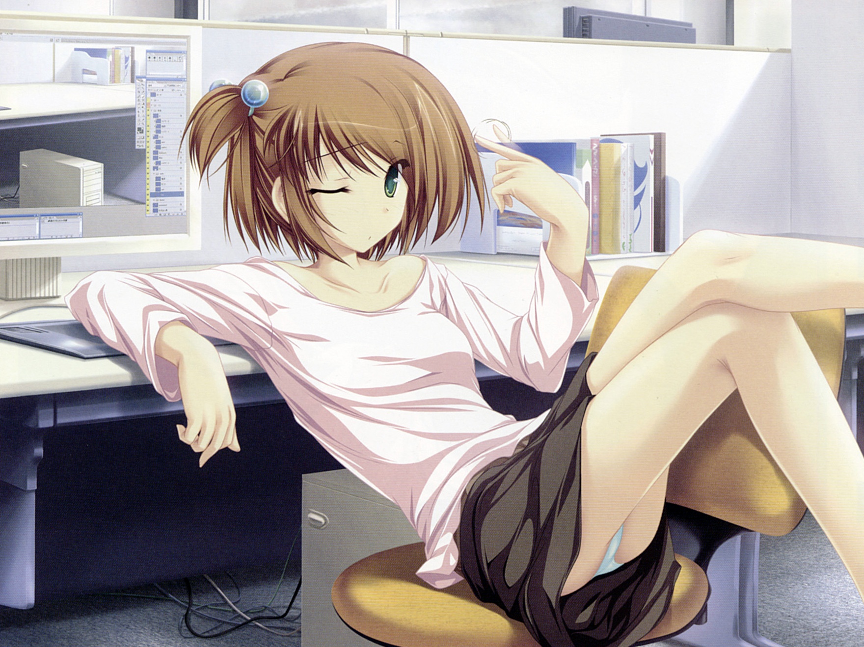 brown_hair, computer, green_eyes, inakoi, midou_chihiro, panties, skirt, underwear