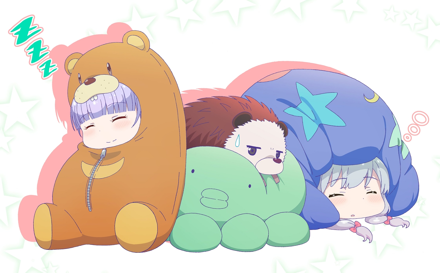2girls, animal, chibi, crossover, eromanga-sensei, gray_hair, izumi_sagiri, new_game!, pink_x, purple_hair, sleeping, suzukaze_aoba, twintails