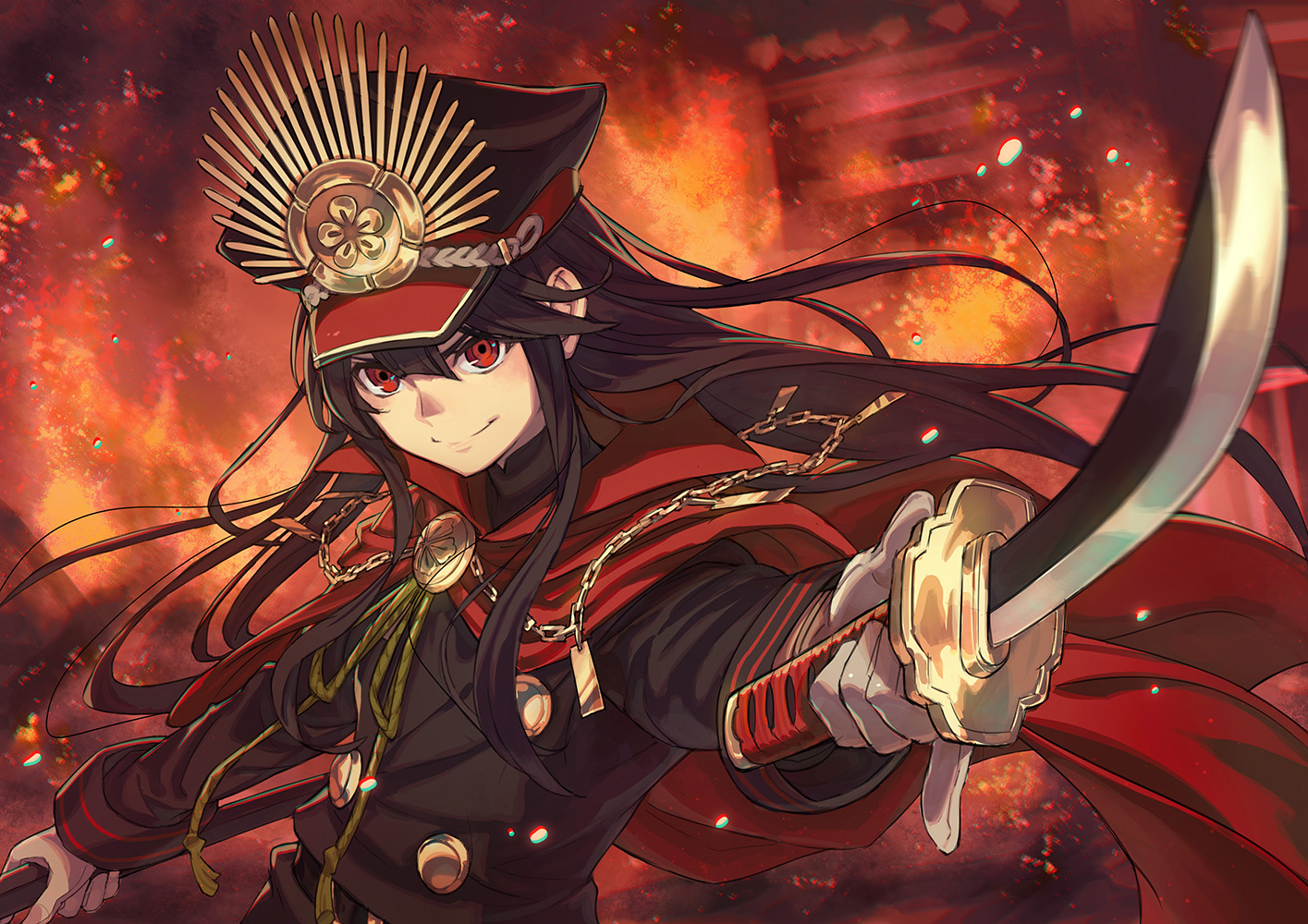 brown_hair, cape, fate/grand_order, fate_(series), fire, gloves, hat, katana