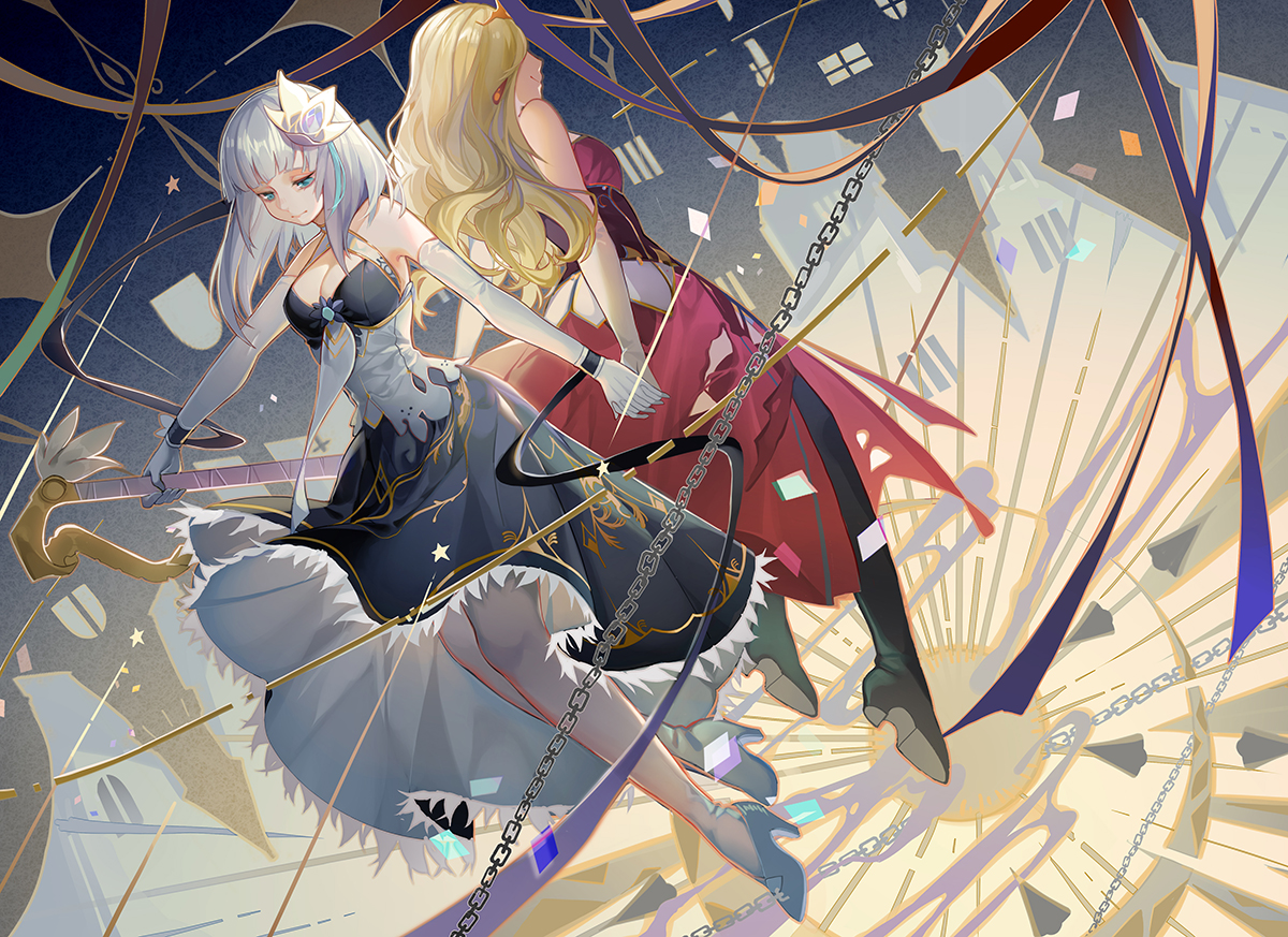 2girls, angelia_(sdorica), aqua_eyes, blonde_hair, breasts, chain, cleavage, dress
