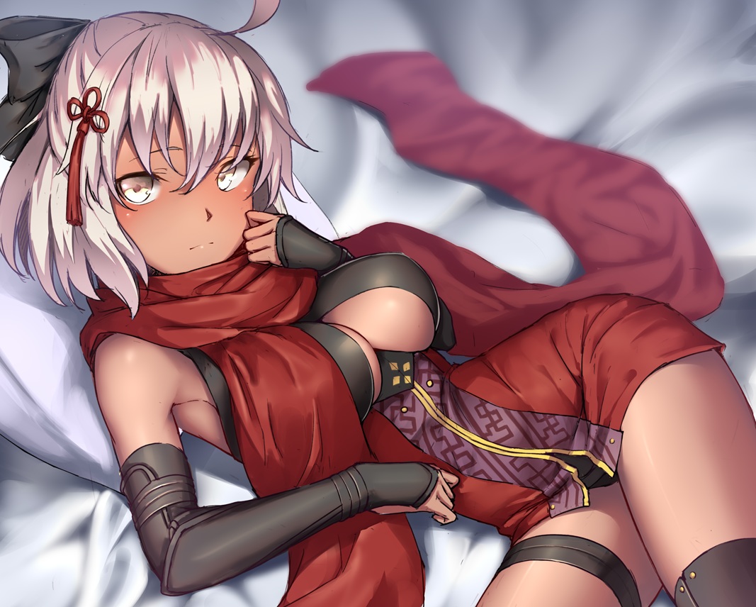 breasts, dark_skin, dress, fate/grand_order, fate_(series), garter, okita_souji_alter, okita_souji_(fate)
