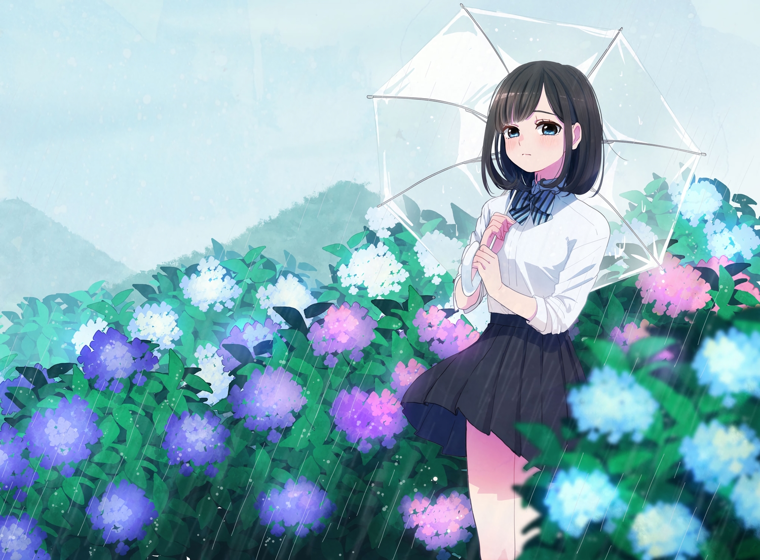 black_hair, blue_eyes, blush, bow, flowers, musco, original, rain, school_uniform, short_hair, skirt, umbrella, water