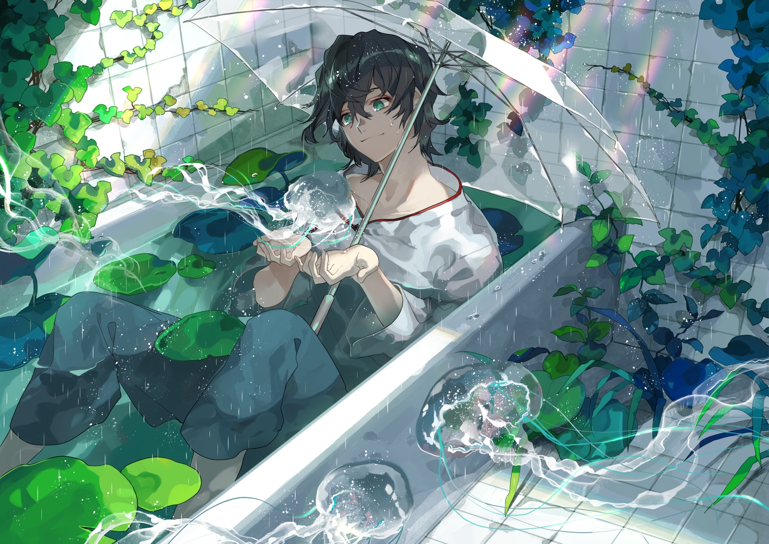 aliasing, all_male, bath, bathtub, black_hair, green_eyes, kyouichi, male