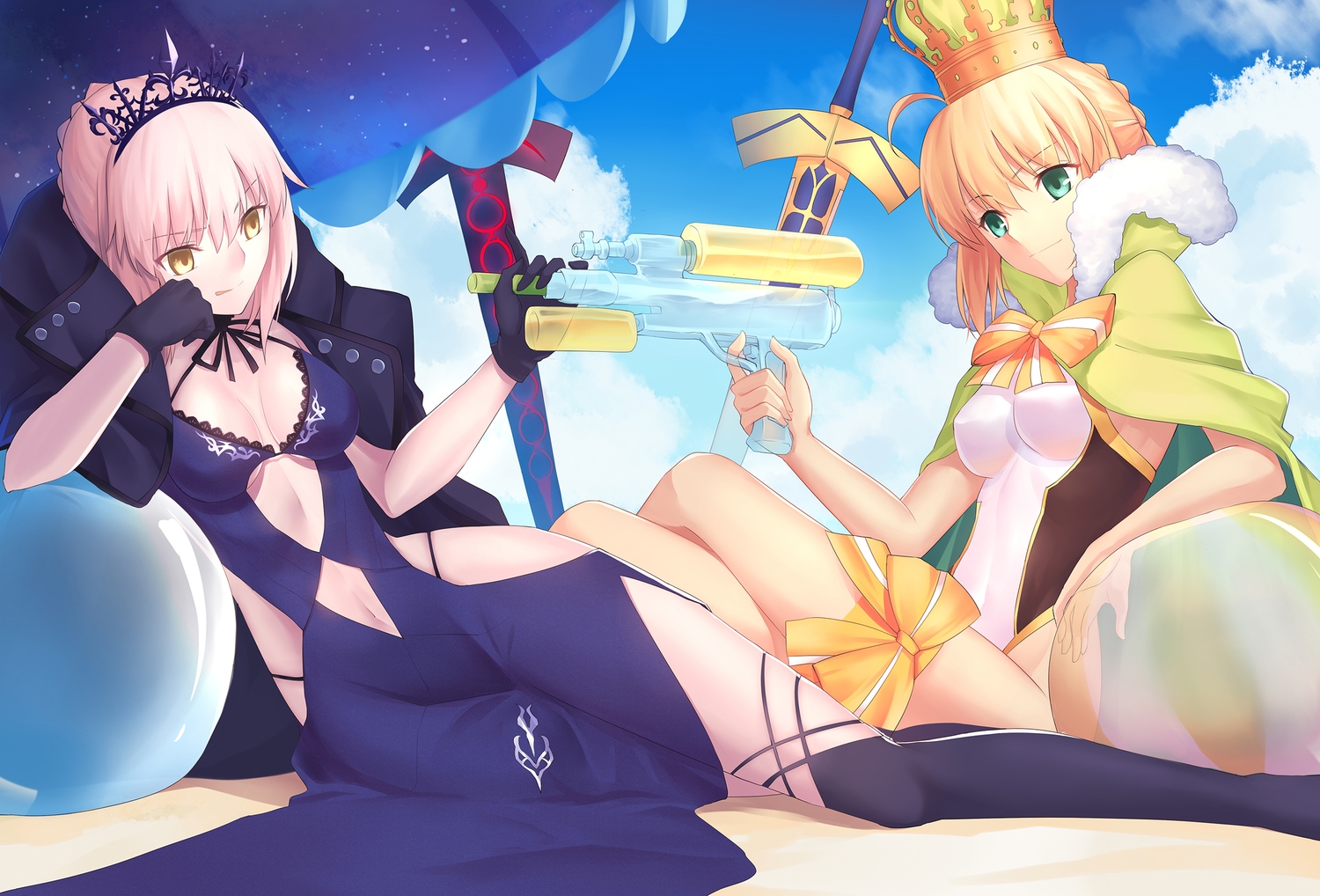 artoria_pendragon_(all), ball, blonde_hair, bow, breasts, cape, crown, fate/grand_order