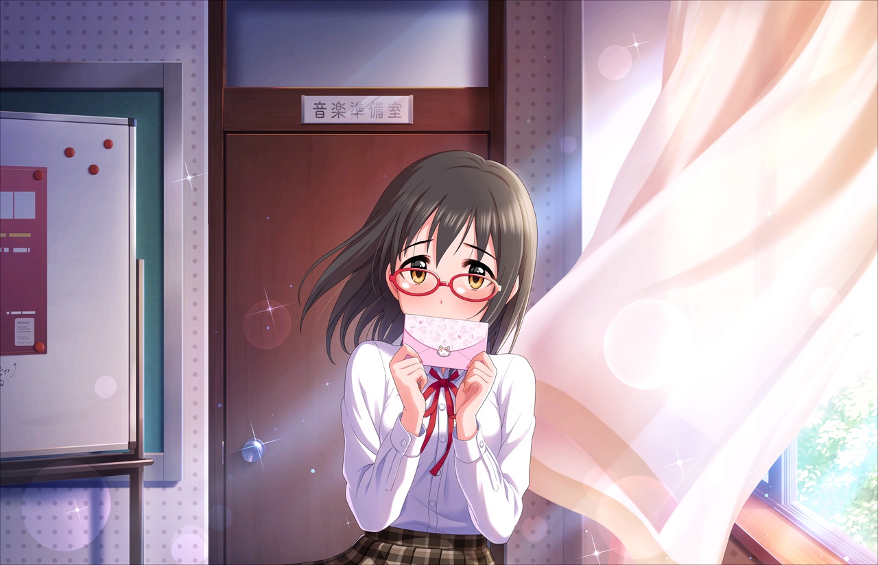 annin_doufu, glasses, idolmaster, idolmaster_cinderella_girls, idolmaster_cinderella_girls_starlight_stage, kamijou_haruna, orange_eyes, school_uniform