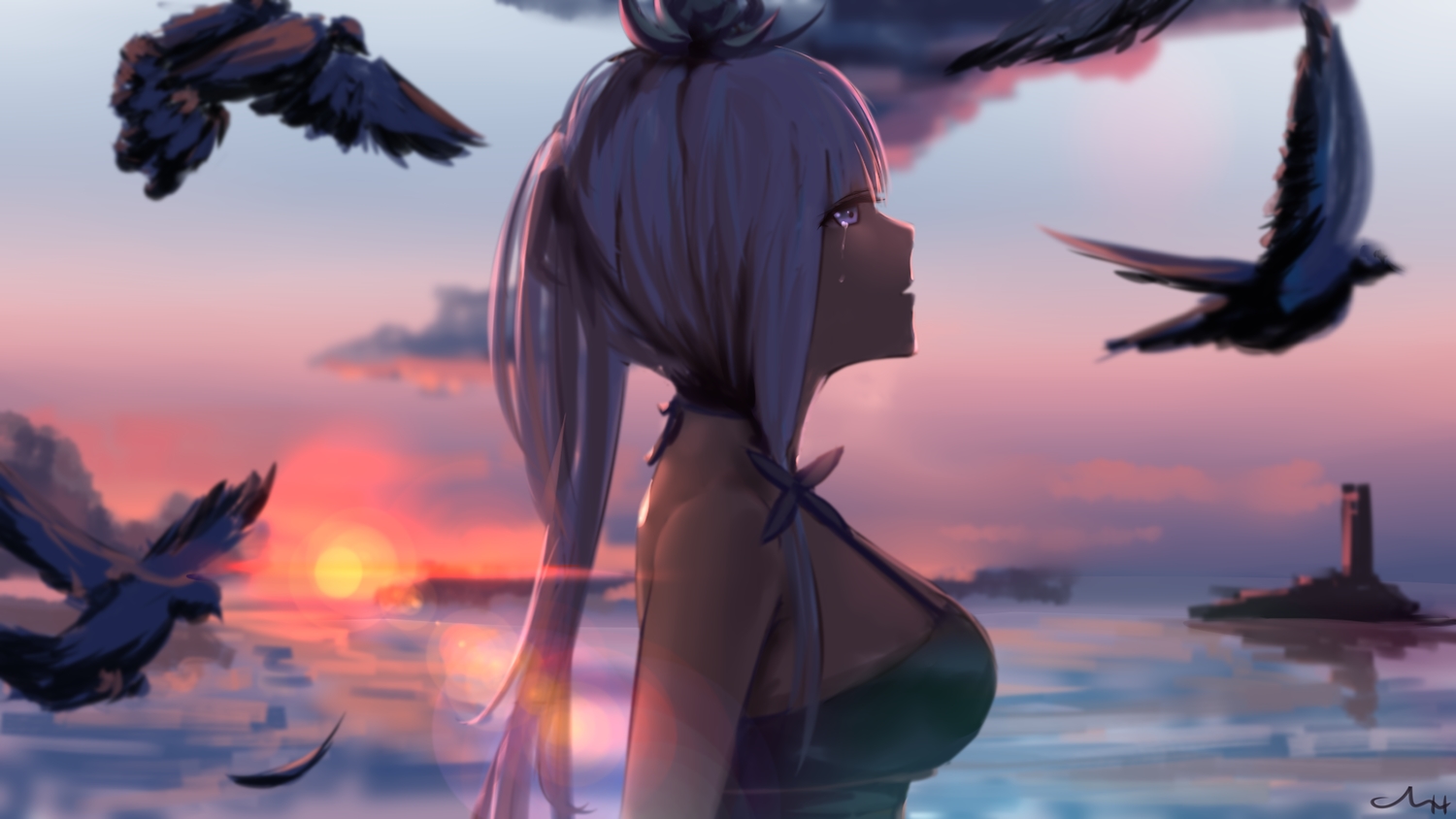animal, anthropomorphism, azur_lane, beach, bird, chyt, clouds, crying, feathers, illustrious_(azur_lane), ponytail, purple_eyes, signed, sunset, tears, water, white_hair