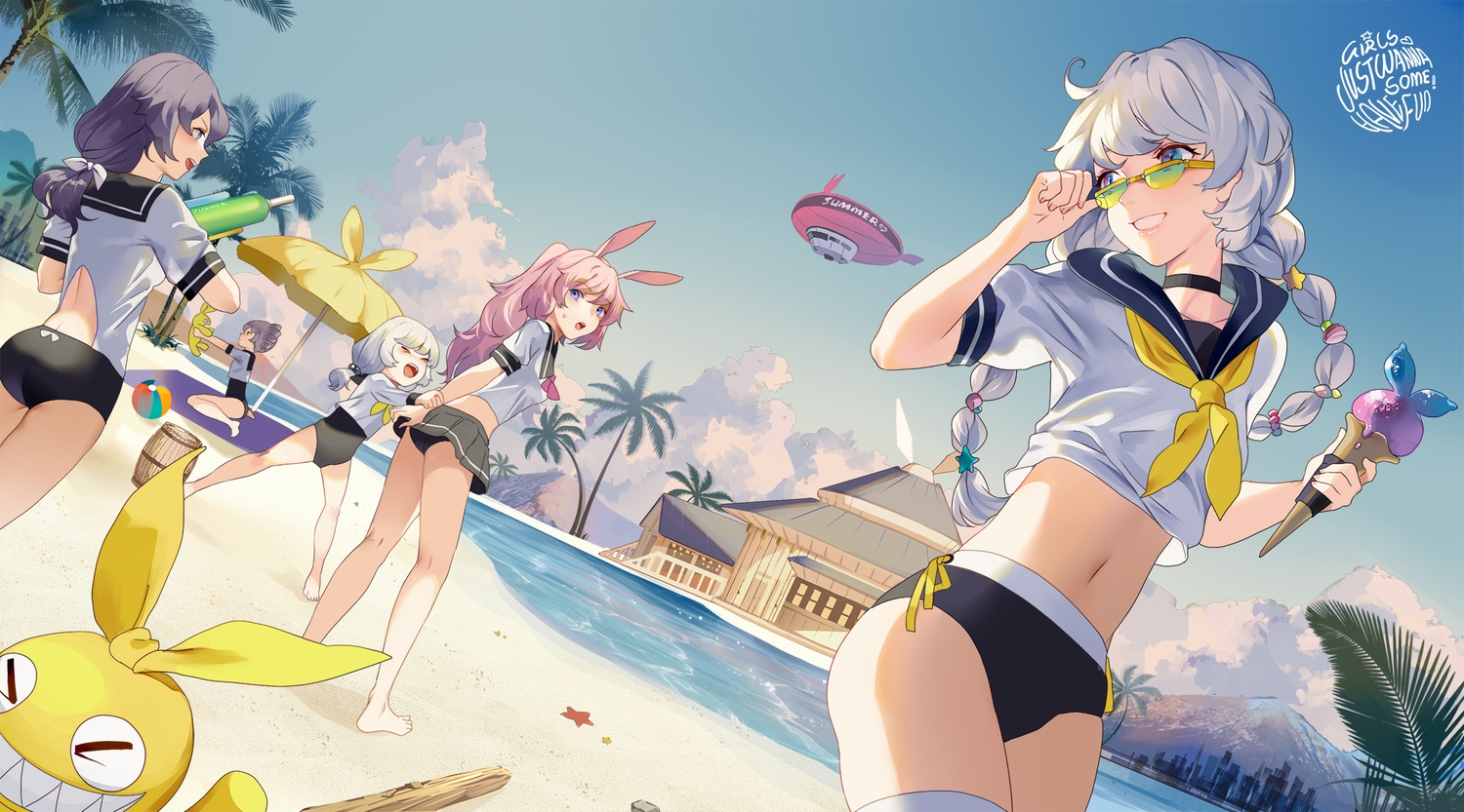 airship, animal_ears, aqua_eyes, ass, barefoot, beach, bloomers, braids, bronya_zaychik, cherry_blossoms, clouds, flowers, food, fu_hua, gray_hair, group, honkai_impact, honkai_(series), ice_cream, kiana_kaslana, loli, long_hair, maiwetea, navel, pink_hair, purple_eyes, purple_hair, school_swimsuit, school_uniform, short_hair, skirt, sky, sunglasses, swimsuit, theresa_apocalypse, thighhighs, tree, twintails, umbrella, white_hair, yae_sakura_(benghuai_xueyuan)