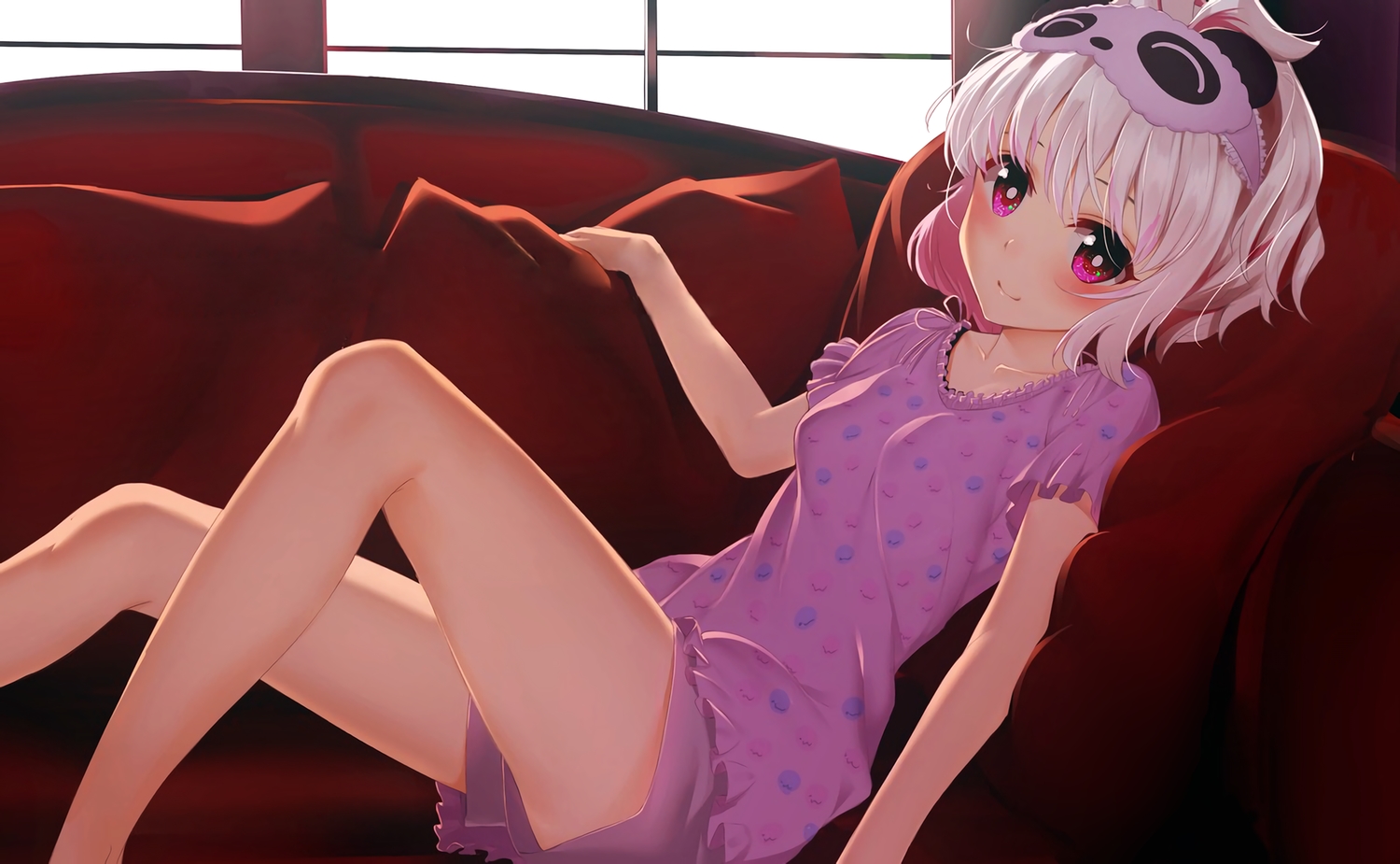 blush, couch, gray_hair, kuusou_code_plus, nemukawa_yumena, pink_eyes, ratsuku_kinoko, shorts, third-party_edit, waifu2x