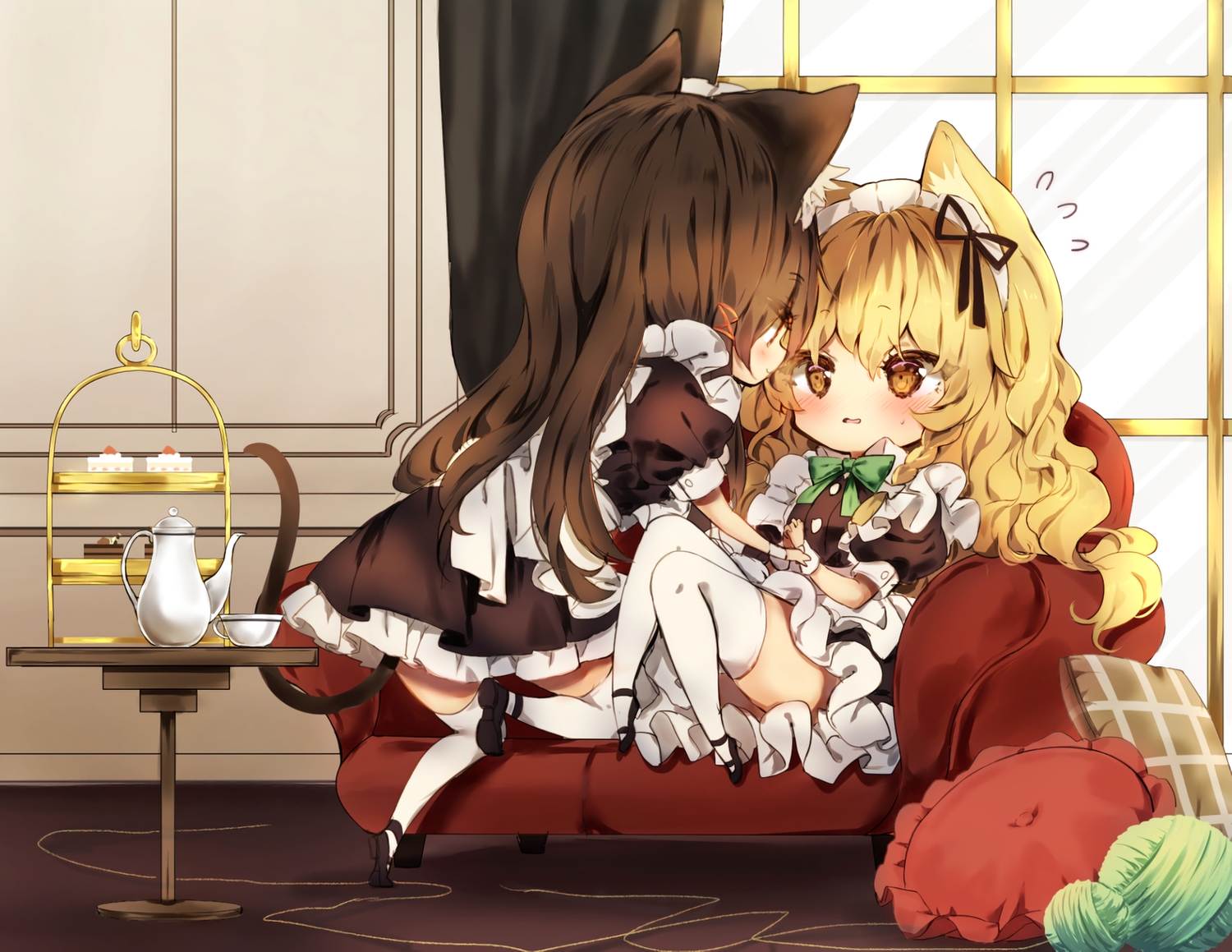 2girls, animal_ears, blonde_hair, blush, bow, brown_eyes, brown_hair, cake