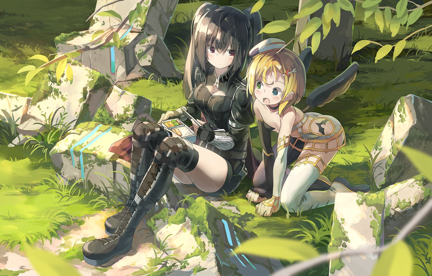 2girls, bicolored_eyes, black_hair, blonde_hair, boots, breasts, cleavage, coupy, food, grass, huanxiang_huifeng, kaku-san-sei_million_arthur, loli, long_hair, red_eyes, short_hair, thighhighs, twintails, wings, yamaneko_arthur