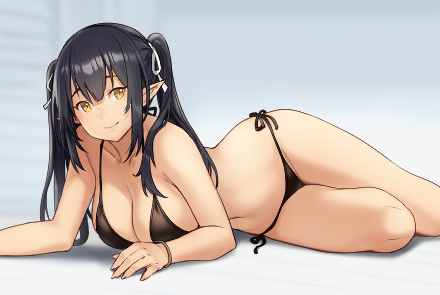 bikini, black_hair, breasts, gradient, gray, houtengeki, long_hair, original