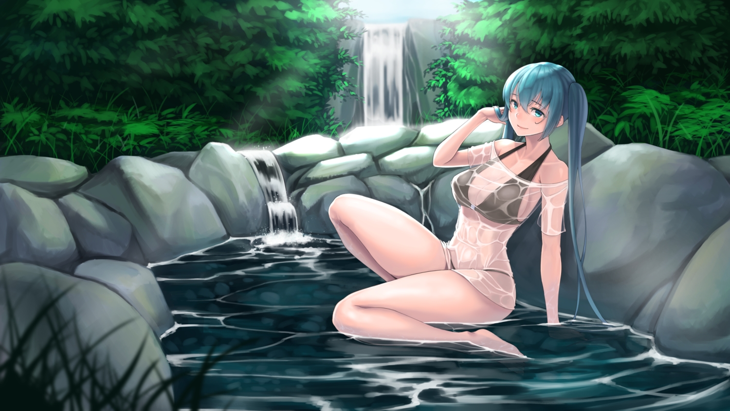 aqua_hair, bikini, breasts, cleavage, cloel, green_eyes, hatsune_miku, long_hair, see_through, swimsuit, twintails, vocaloid, water, waterfall, wet