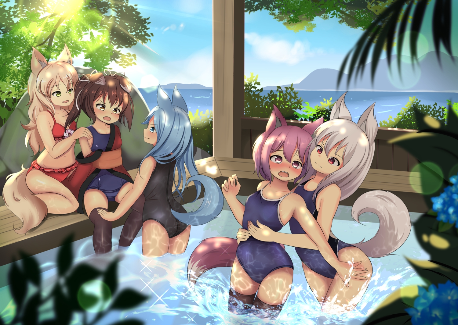 animal_ears, bikini, blush, doggirl, group, hotel01, original, school_swimsuit