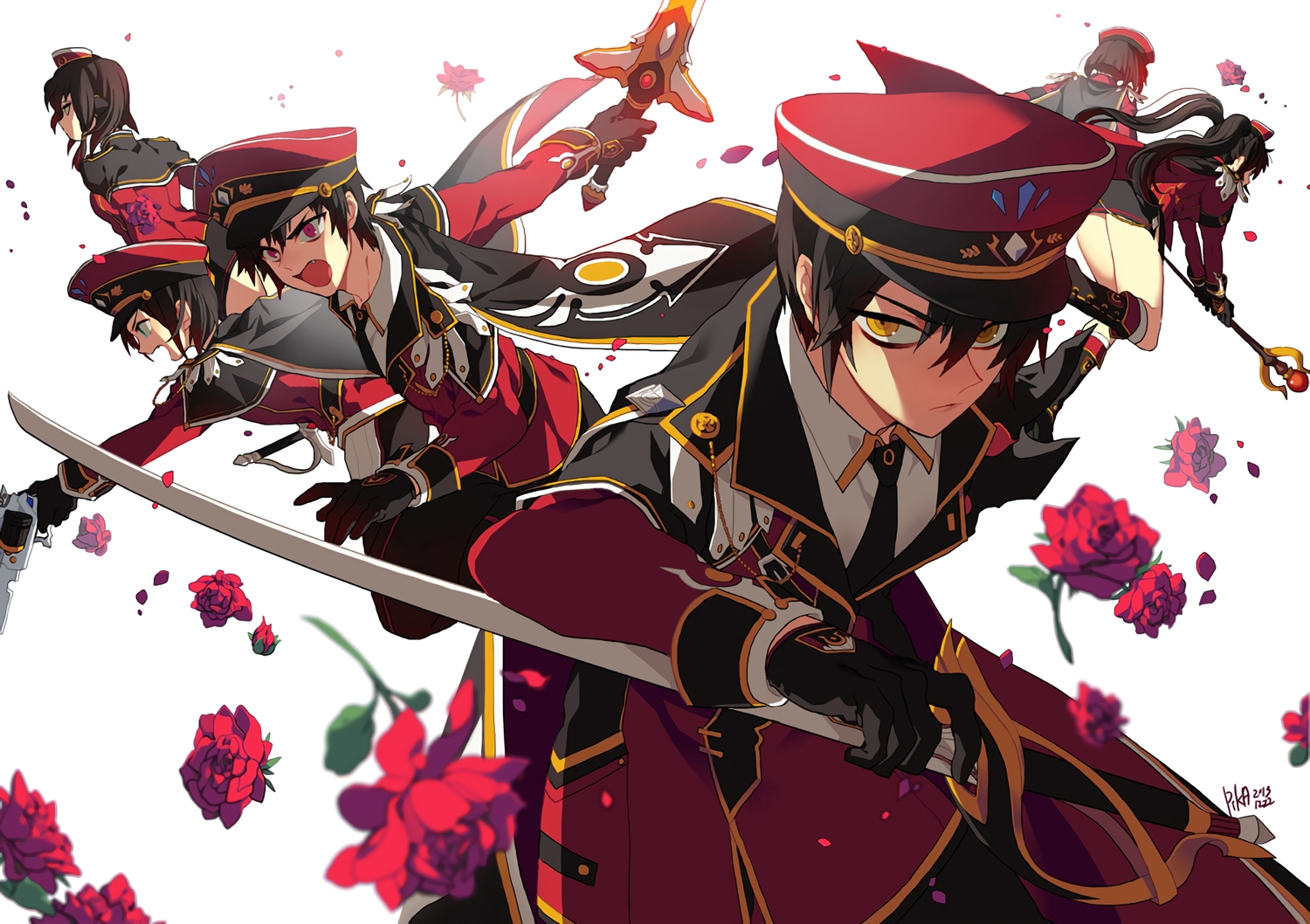 aisha_(elsword), black_hair, cape, chung_(elsword), deadly_chaser_(elsword), elsword, elsword_(character), eve_(elsword)