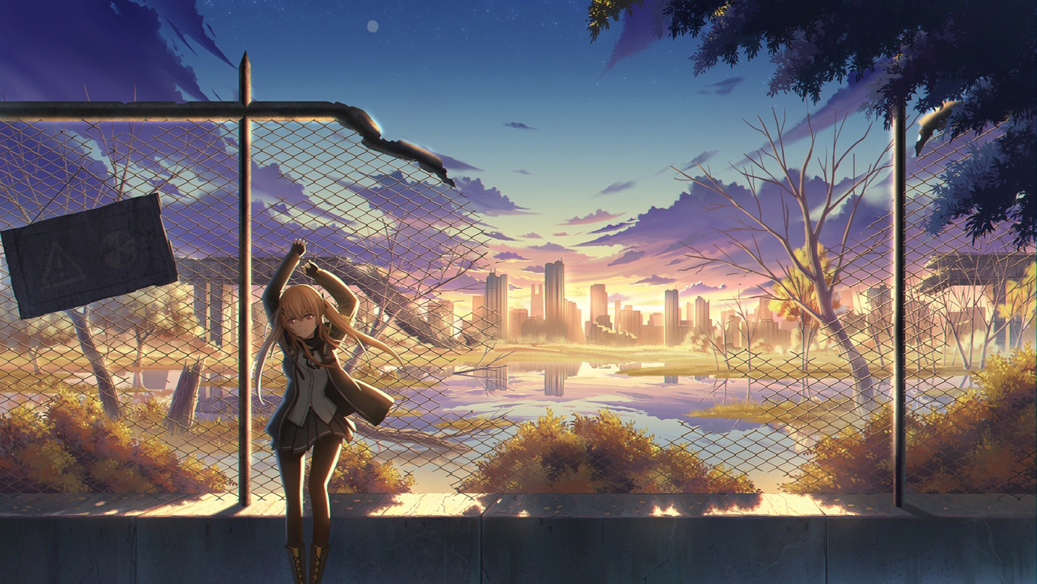 anthropomorphism, autumn, blonde_hair, boots, building, city, girls_frontline, long_hair