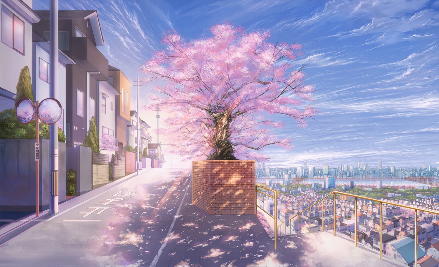 building, cherry_blossoms, city, clouds, flowers, kagumanikusu, mirror, no_humans