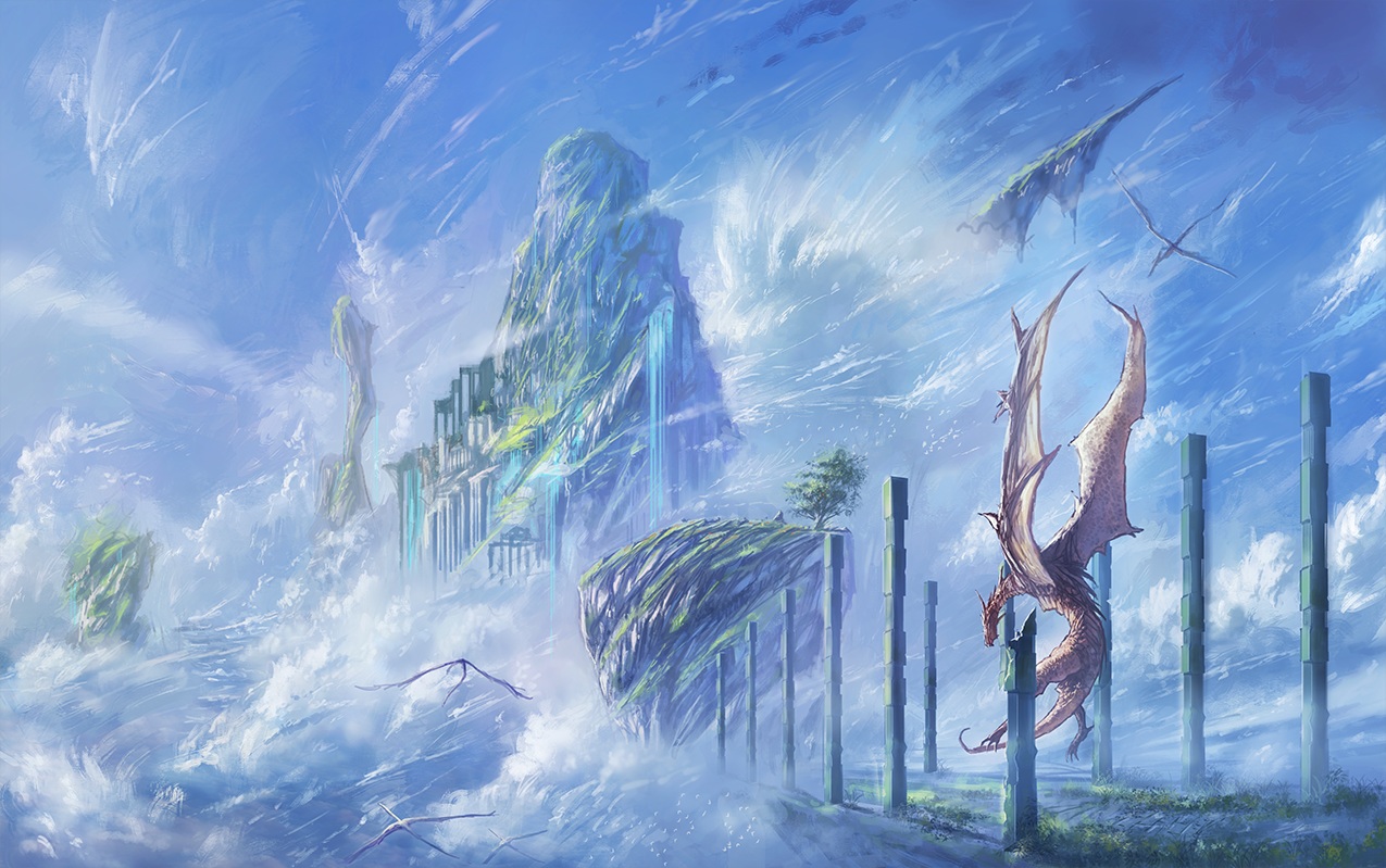 clouds, dragon, kagumanikusu, original, scenic, sky, water, waterfall