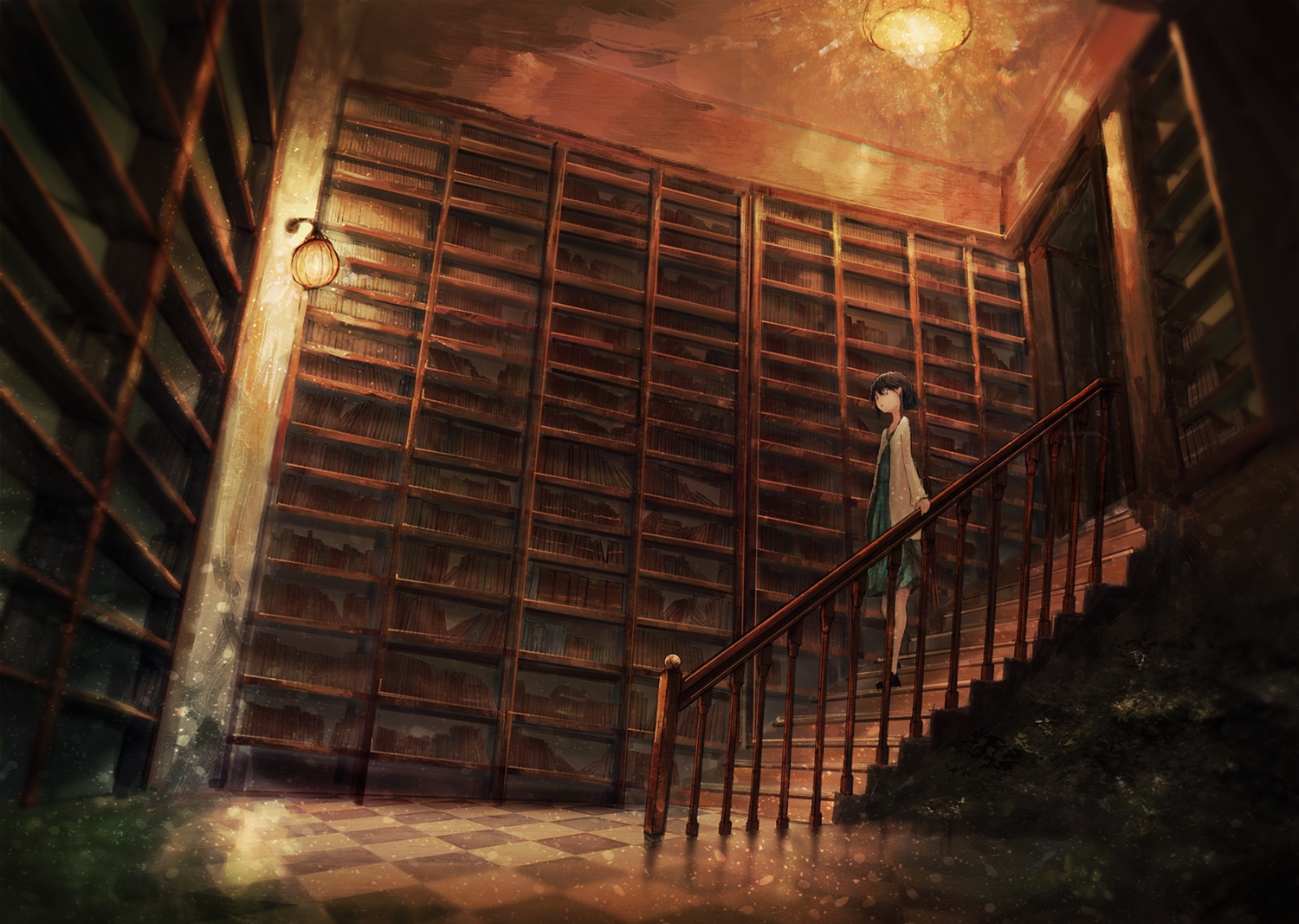black_hair, book, kagumanikusu, original, scenic, short_hair, stairs