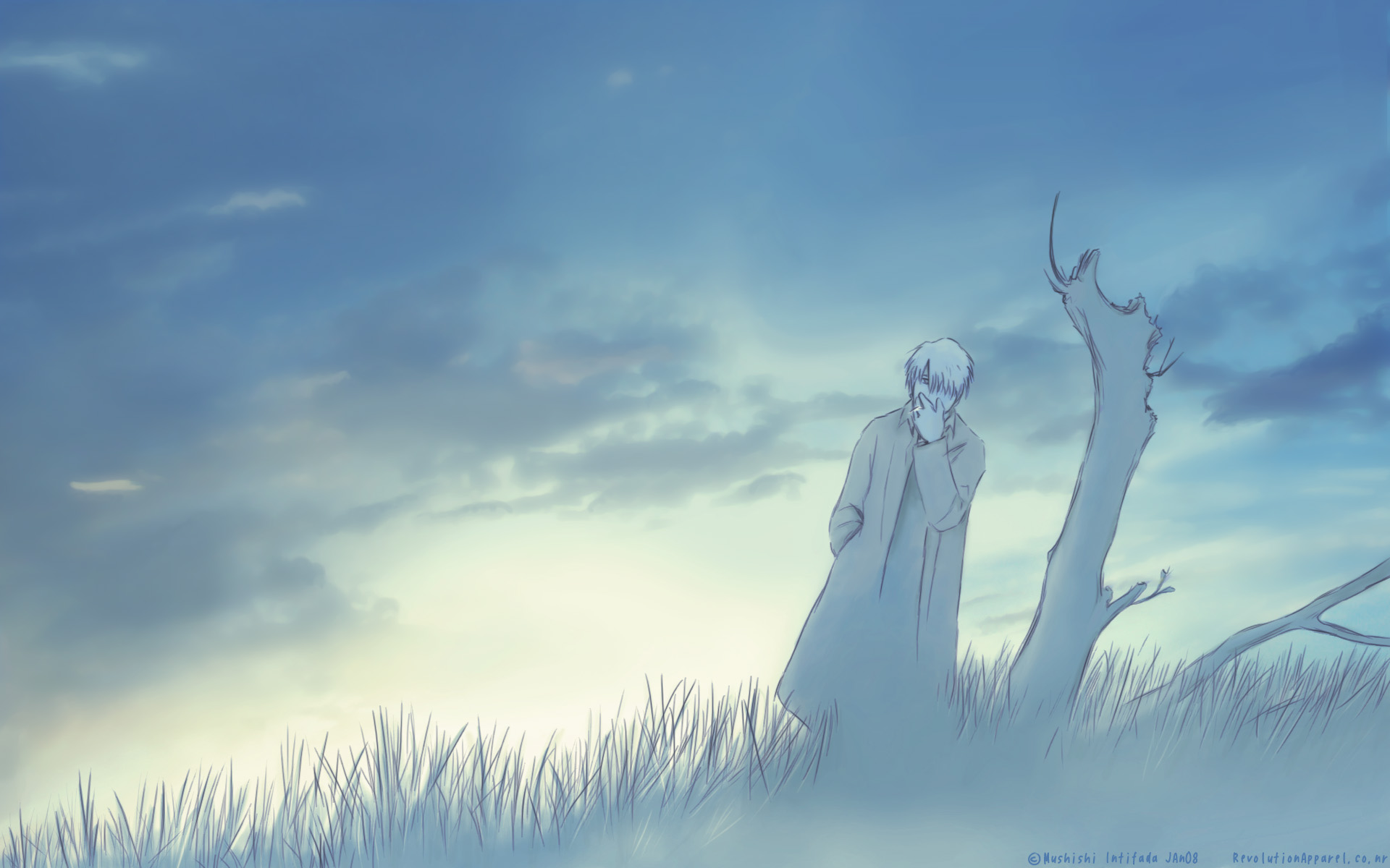 all_male, ashinano_hitoshi, blue, ginko_(mushishi), grass, male, mushishi, sky, smoking