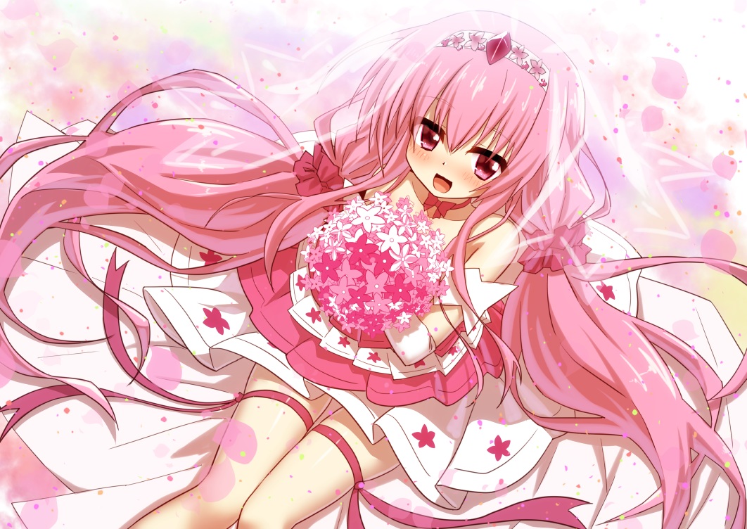 anthropomorphism, blush, choker, dress, flower_knight_girl, flowers, garter, hanamomo_(flower_knight_girl)
