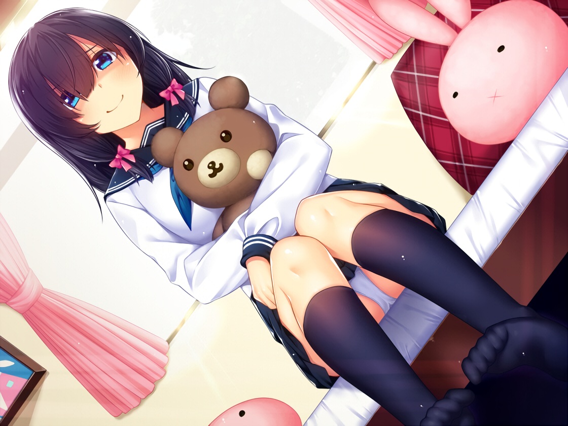 aqua_eyes, bed, black_hair, horosuke_(toot08), kneehighs, long_hair, original, panties