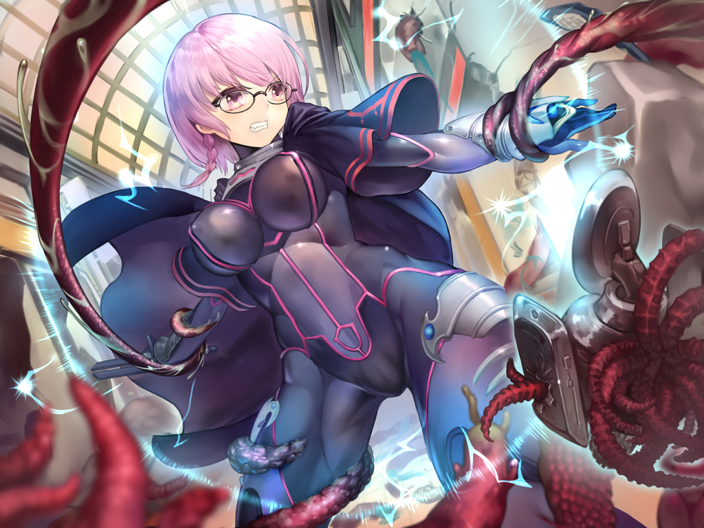 bodysuit, bondage, braids, breasts, cape, dark_skin, glasses, original, pink_eyes, pink_hair, short_hair, tangamja, tentacles, weapon