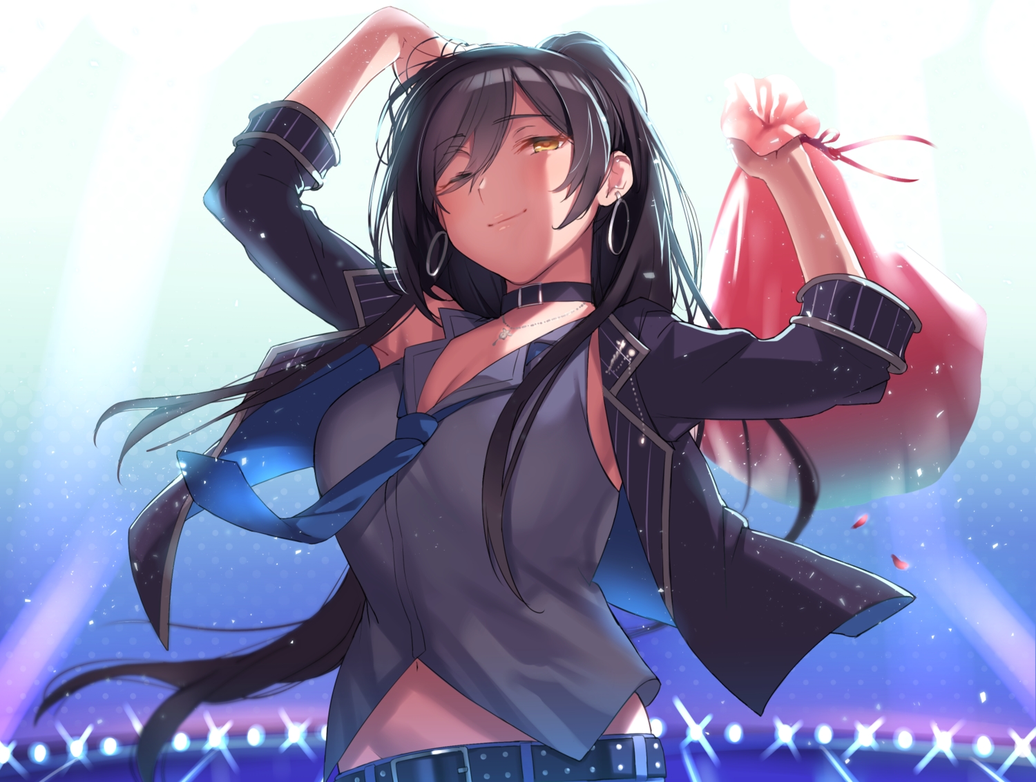 black_hair, breasts, cleavage, collar, garter_belt, idolmaster, idolmaster_shiny_colors, long_hair