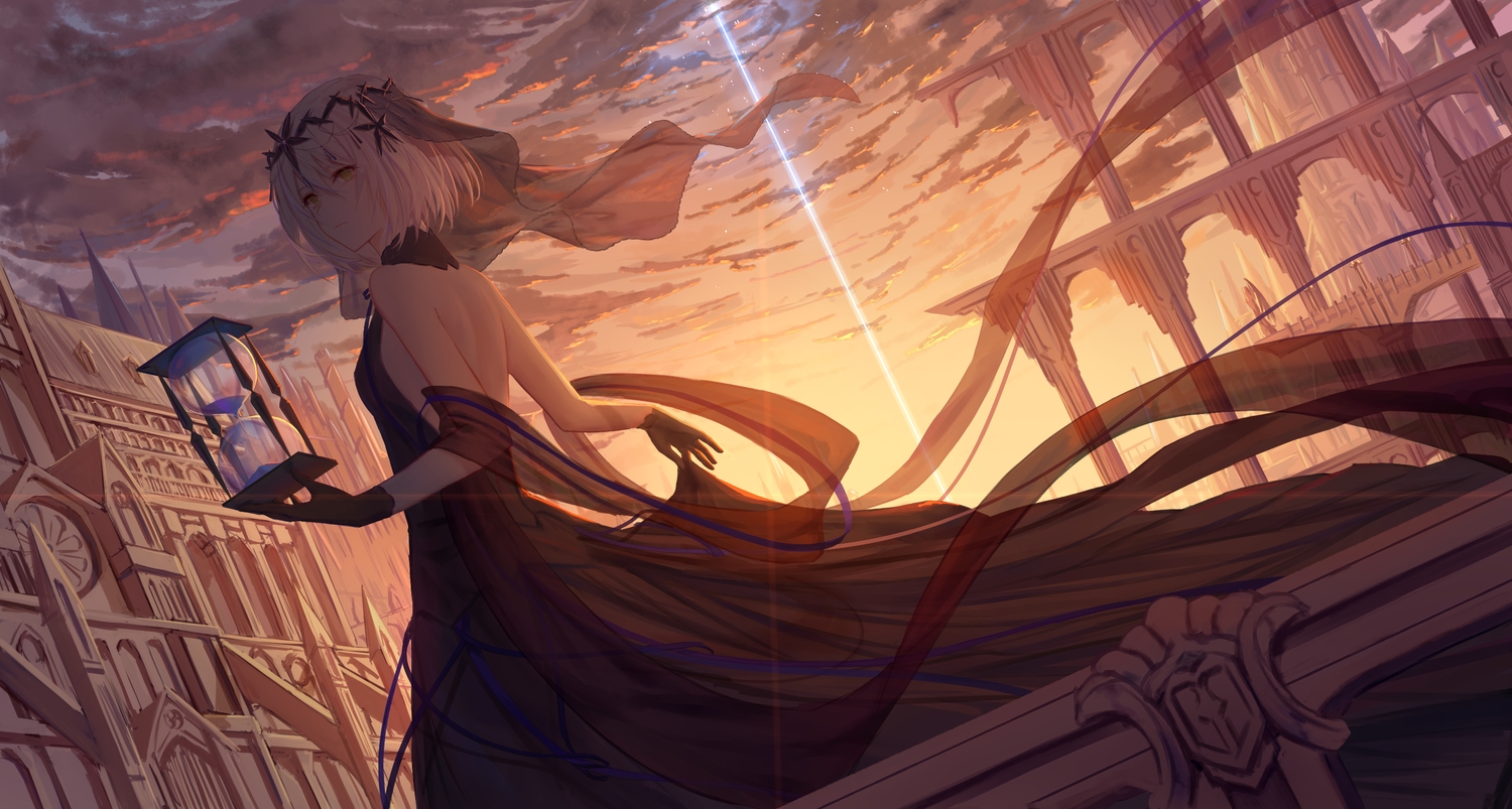 building, dress, fate/grand_order, fate_(series), gloves, green_eyes, headdress, jeanne_d'arc_alter, jeanne_d'arc_(fate), short_hair, skirt_lift, sunset, white_hair, xing_muhen