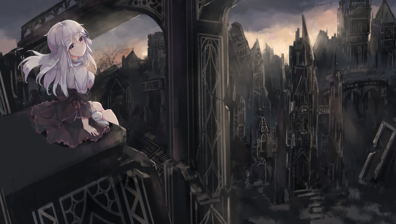 building, long_hair, original, purple_eyes, shinsoyori, skirt, white_hair