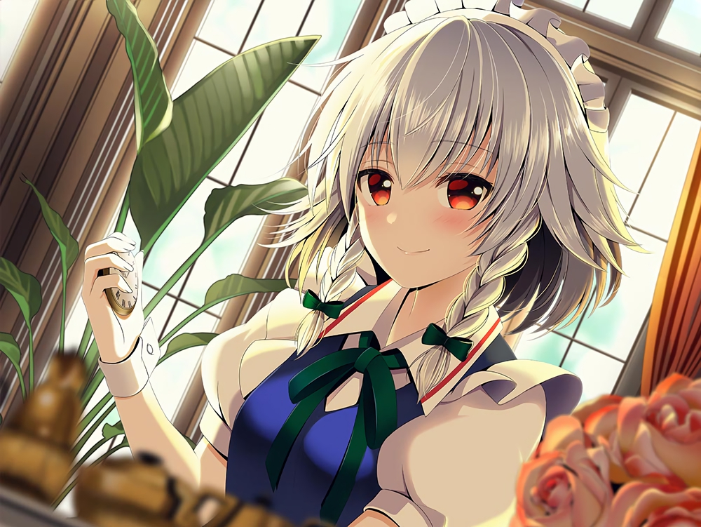 blush, braids, flowers, gray_hair, izayoi_sakuya, maid, orange_eyes, red_eyes, rose, touhou, wristwear, yuuka_nonoko