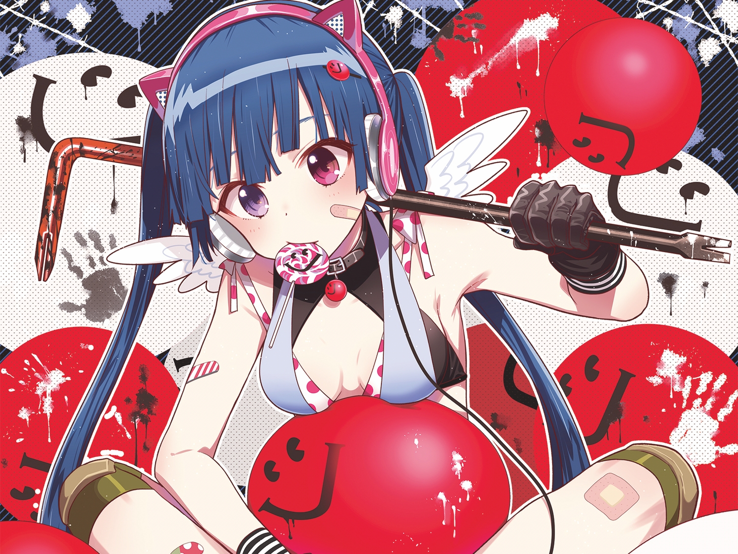 animal_ears, bicolored_eyes, blue_hair, breasts, candy, catgirl, chiba_sadoru, choker