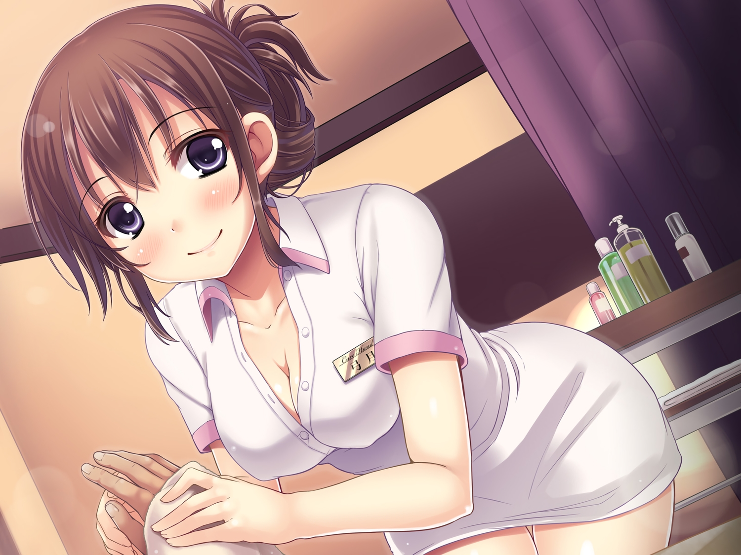 blush, breasts, brown_hair, cleavage, dress, erect_nipples, gray_eyes, original