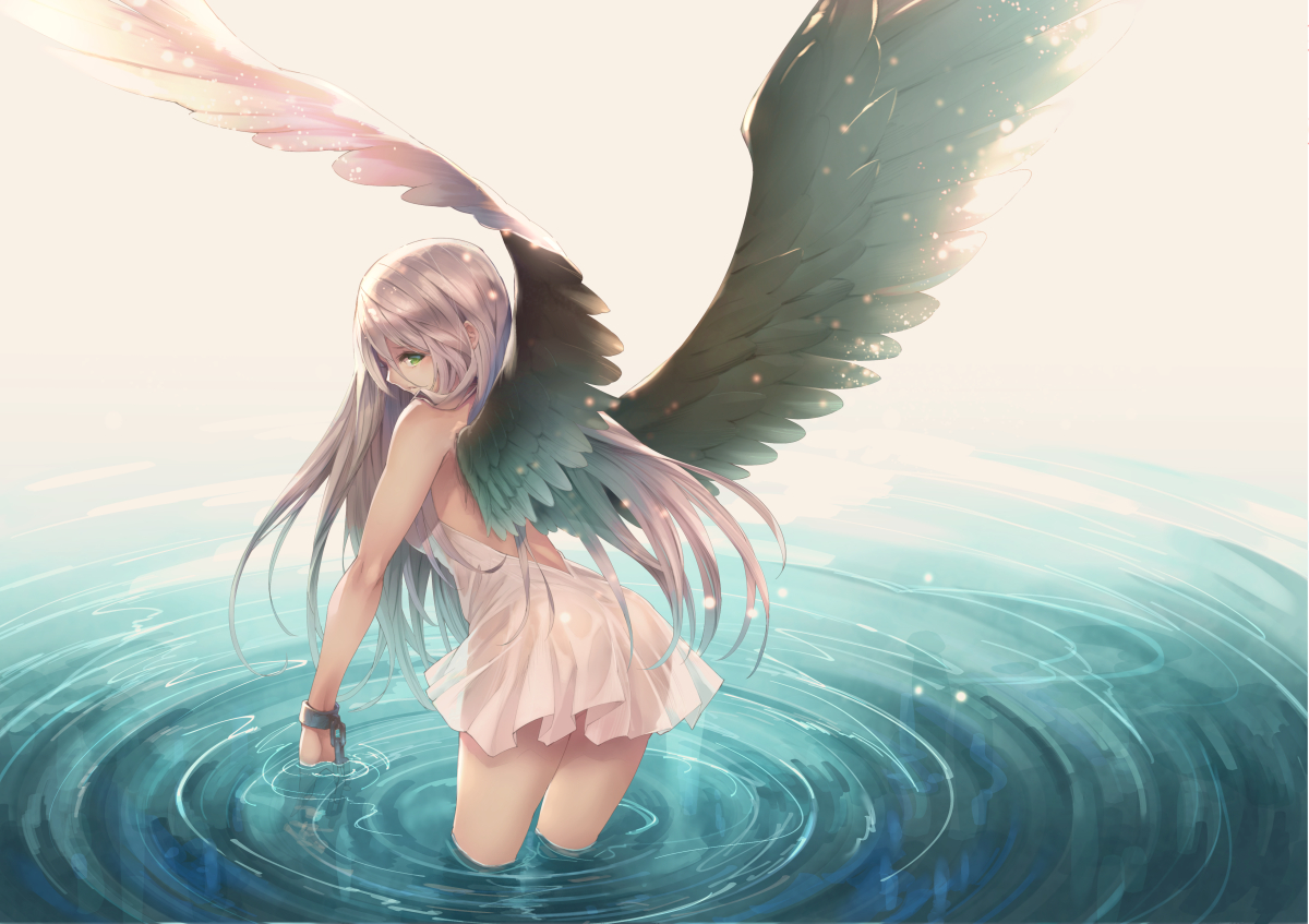 dress, gray_hair, green_eyes, long_hair, original, ryouku, shackles, summer_dress