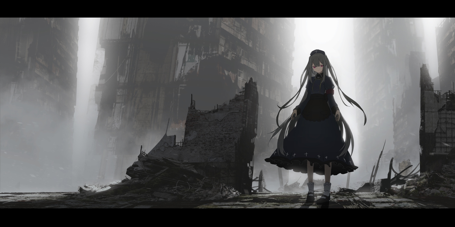 apron, asteroid_ill, building, city, dark, gray_hair, headdress, long_hair, minai_karte, nurse, pink_eyes, ruins, socks, twintails, virtual_clinic