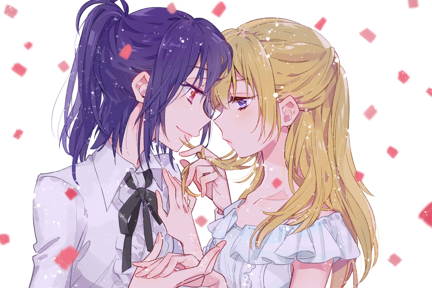 2girls, bang_dream!, blonde_hair, blue_eyes, close, karuha, long_hair, ponytail