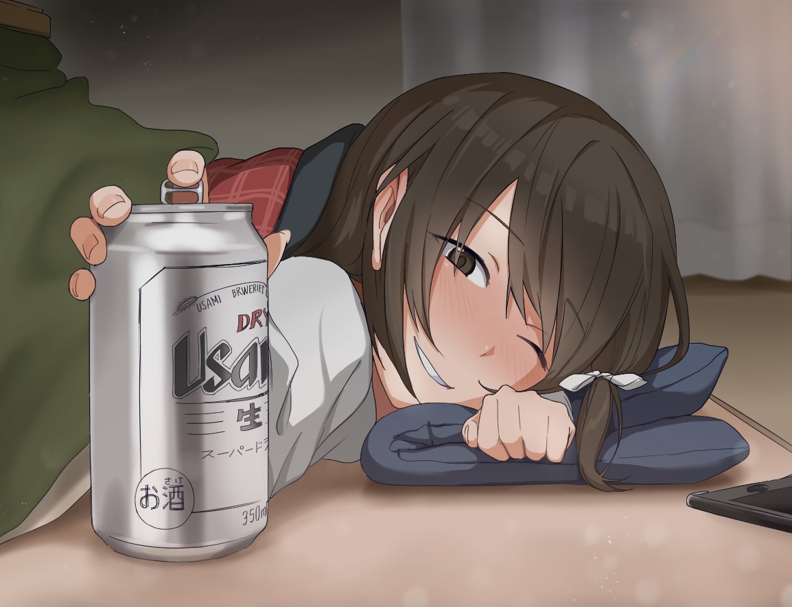 blush, brown_eyes, brown_hair, close, drink, kotatsu, short_hair, touhou, toujou_(toujou_ramen), usami_renko, wink