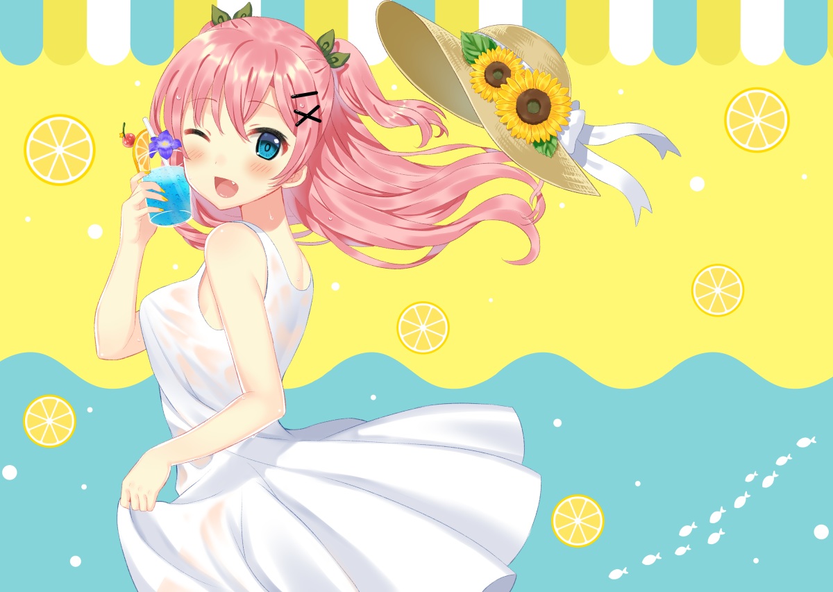 blue_eyes, blush, dress, drink, fang, flowers, long_hair, no_bra, original, pink_hair, ponytail, ribbons, see_through, skirt_lift, summer_dress, sunflower, toujou_mina, wet, wink