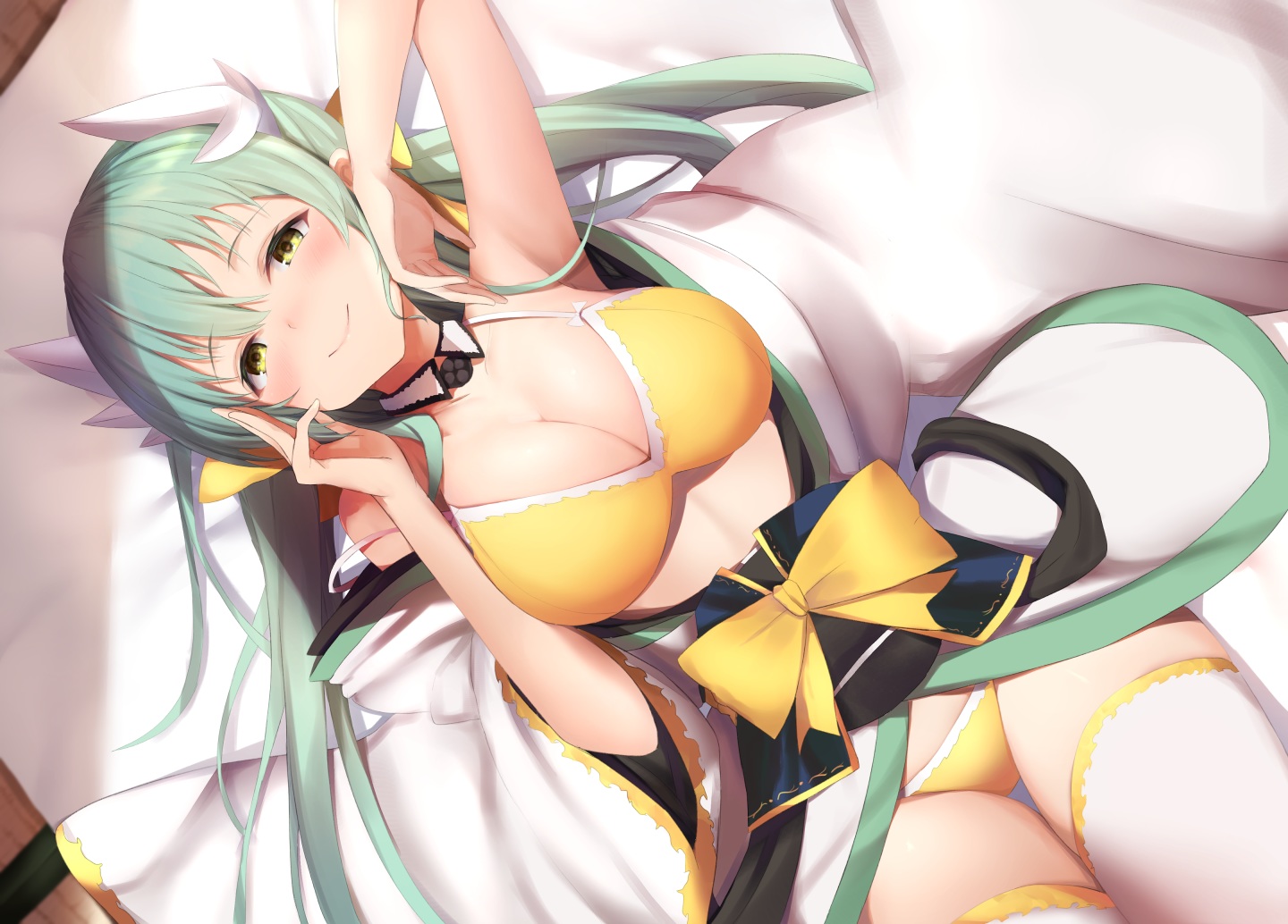 bed, bikini, blush, bow, breasts, cleavage, fate/grand_order, fate_(series)