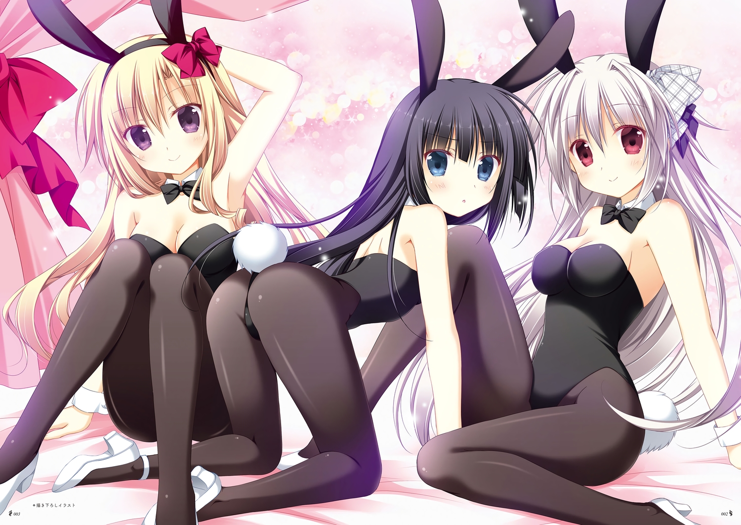 animal_ears, ass, black_hair, blonde_hair, blue_eyes, blush, bow, breasts, bunny_ears, bunnygirl, cleavage, gray_hair, headband, iris_freyja, juuoumujin_no_fafnir, korie_riko, leotard, lisa_highwalker, long_hair, mononobe_mitsuki, pink_eyes, purple_eyes, red_eyes, tail