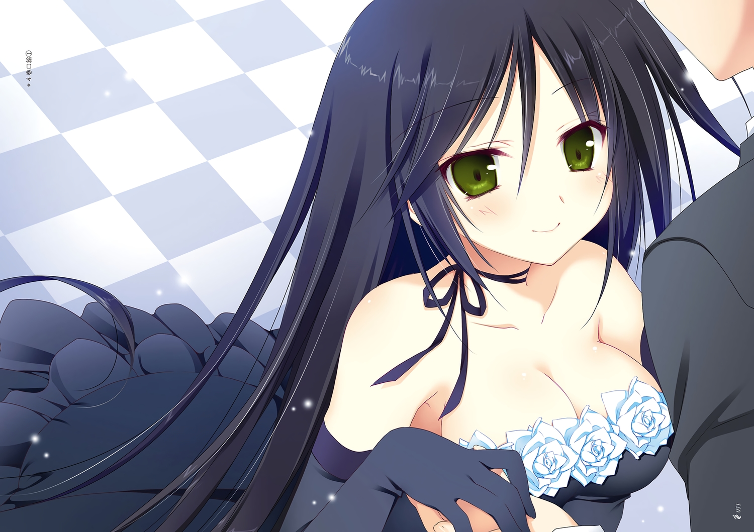 black_hair, blush, breasts, cleavage, dress, elbow_gloves, gloves, green_eyes, juuoumujin_no_fafnir, korie_riko, long_hair, tachikawa_honoka