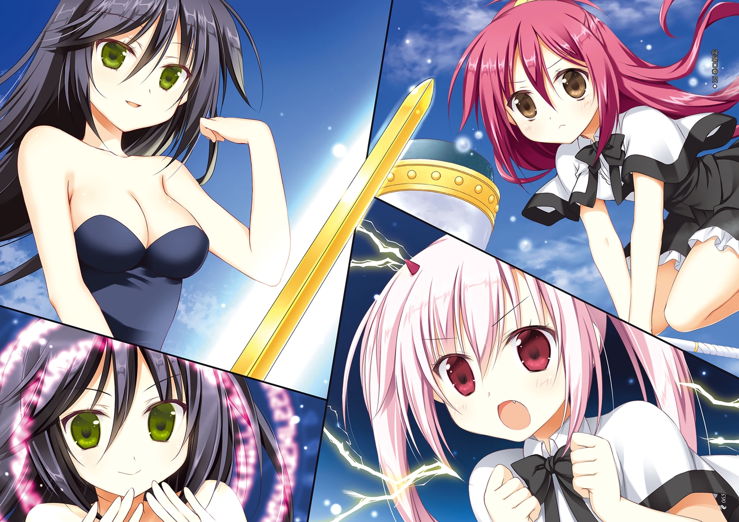 black_hair, blush, bow, breasts, brown_eyes, cleavage, green_eyes, horns