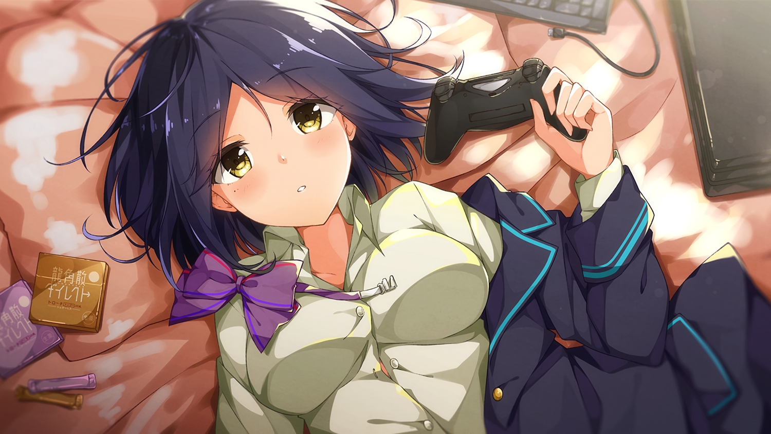 bed, black_hair, bow, close, game_console, nijisanji, school_uniform, shirt