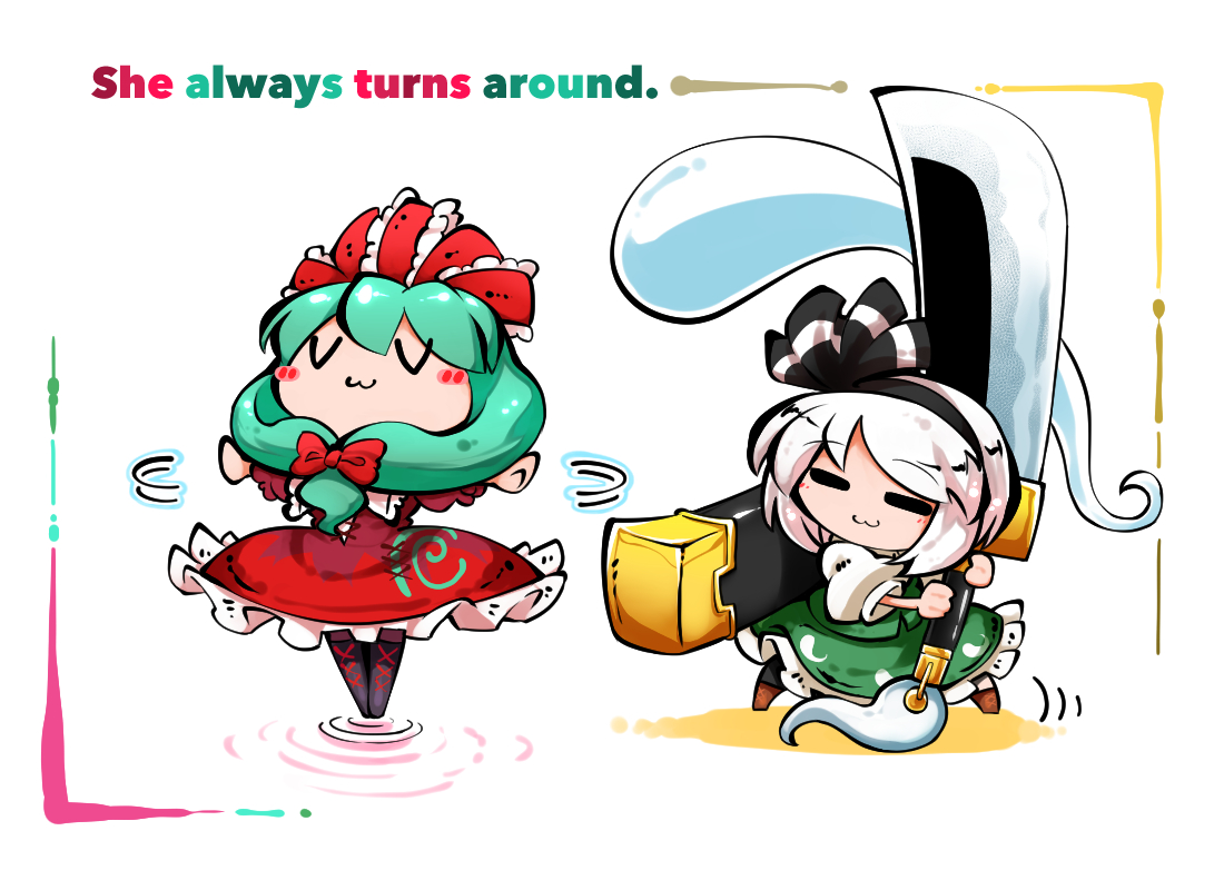 2girls, boots, bow, cat_smile, dress, green_hair, headband, kagiyama_hina