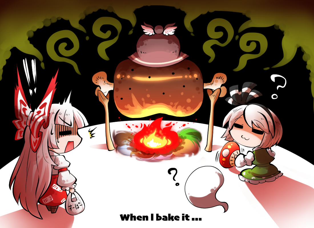 bow, cat_smile, fan, fire, food, fujiwara_no_mokou, hat, headband