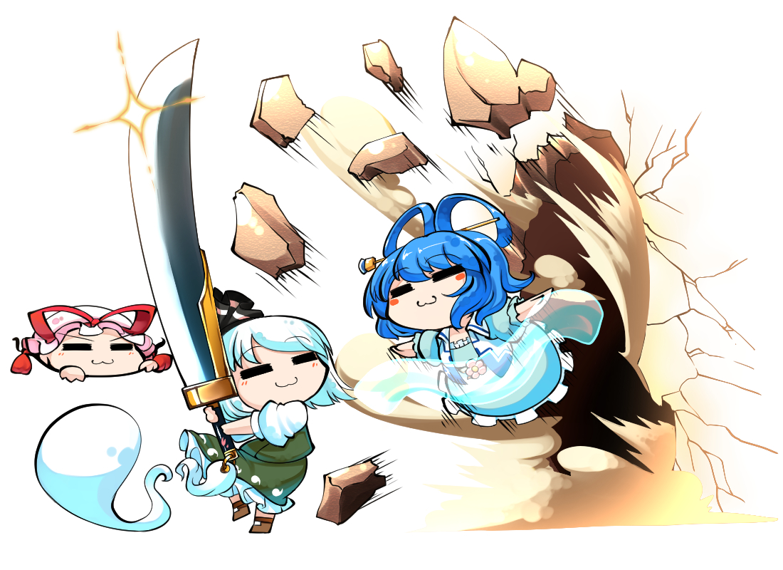 blue_hair, cat_smile, dress, hat, kaku_seiga, kashuu_(b-q), konpaku_youmu, myon