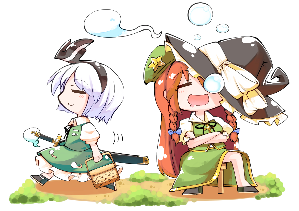 2girls, aliasing, braids, hat, headband, hong_meiling, kashuu_(b-q), konpaku_youmu, long_hair, myon, red_hair, short_hair, sleeping, sword, touhou, weapon, white_hair, witch_hat