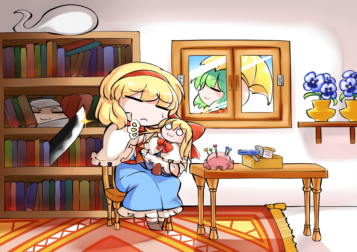 alice_margatroid, bandage, blonde_hair, book, bow, cape, cat_smile, doll